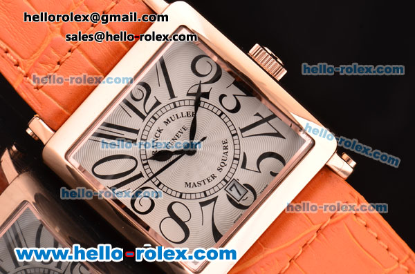 Franck Muller Master Square Swiss Quartz Rose Gold Case with White Dial Numeral Markers and Orange Leather Strap - Click Image to Close